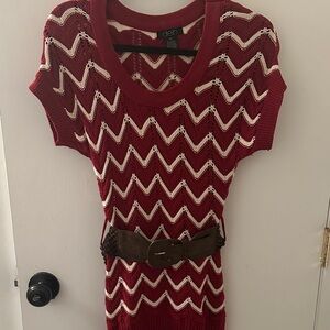 Deb Red and White Chevron Dress with Brown Belt (Holiday Outfit!)